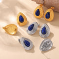 Retro Temperament Titanium Steel Rose Gold Plated Lapis Lazuli Water Drop Shape Earrings for Women Engagement Gift