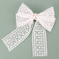 CN 4Inch Large Fairy Lace Hair Bow Clip White Long Tail Hair Pins with Pearl Flower Hair Clip for Women