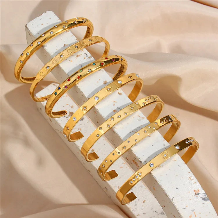 SP Wholesale Fine Jewelry Zircon Design Waterproof Stainless Steel PVD Gold Plated Cuff Bangles