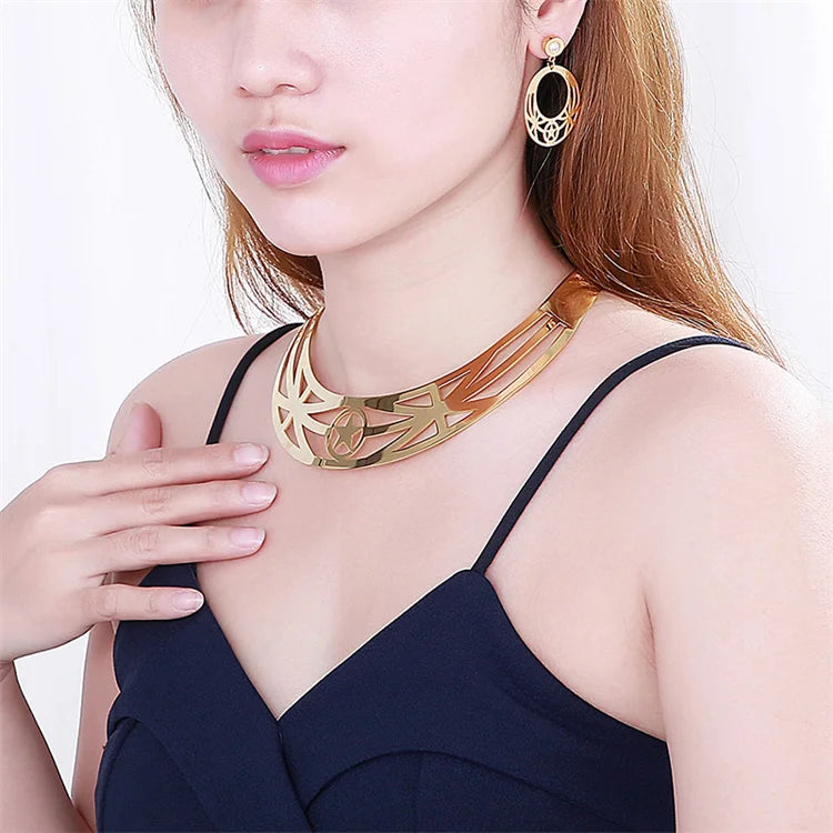 Super Big Size 18K Gold Plating Adjustable Cuff Star Necklace Stud Earrings Jewelry Set