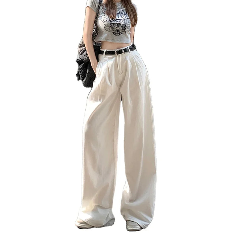 Women Autumn Loose White High Waist Trouser for Ladies Casual Wide Leg Jeans Fashion Women Denim Jeans