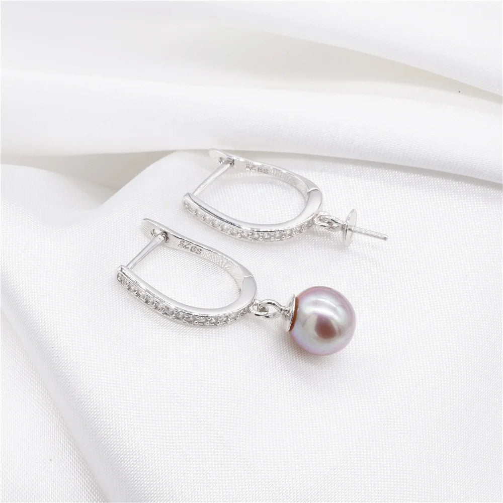 E178 7-8mm DIY Natural  Freshwater Pearl Charm Earrings Mounting Accessory 925 Sterling Silver Gold Plated  Jewelry for Women