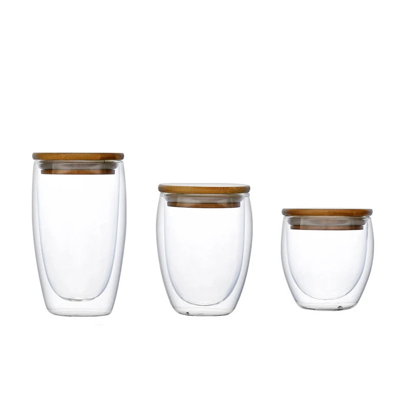 Double Wall Mugs Kucing Handblown Borosilicate Hollow Double Wall Glass Cup With Bamboo Lid
