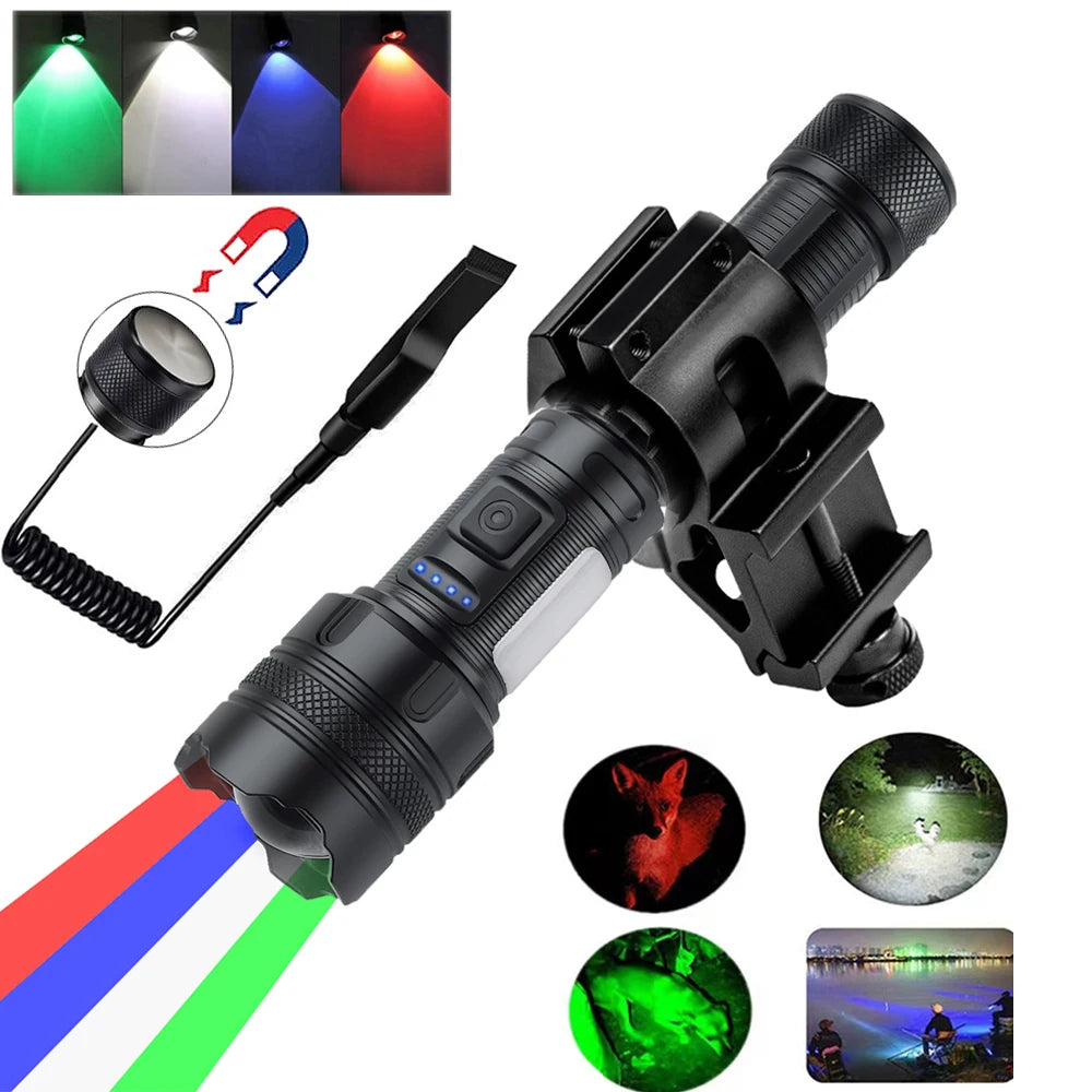 White Red Green Blue 4 Light Sources Magnetic Waterproof Aluminum Alloy 1000+ Lumens 300-400M Beam Rechargeable USB Type-C