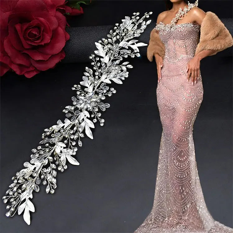 WHD-145 Keering Silver Metal Floral Applique Bling Bling Crystal Rhinestone Wire 3D Patch For Causal Dresses