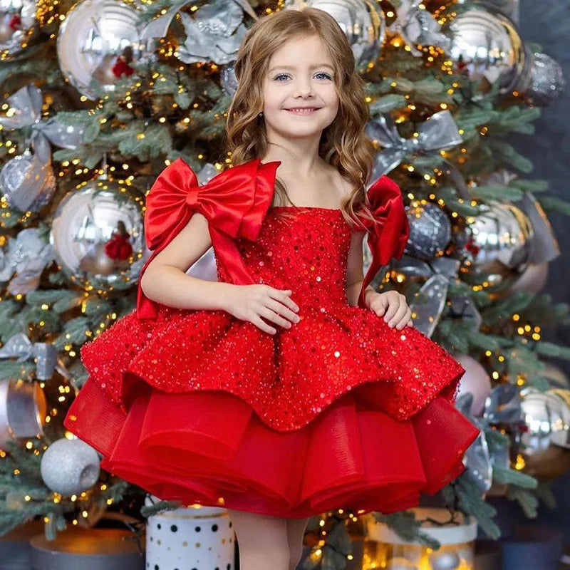 Children Outfit Kids Elegant Big Bow Frocks Boutique Birthday Party Tutu Sequins Dress Festival Flower Girls Dresses
