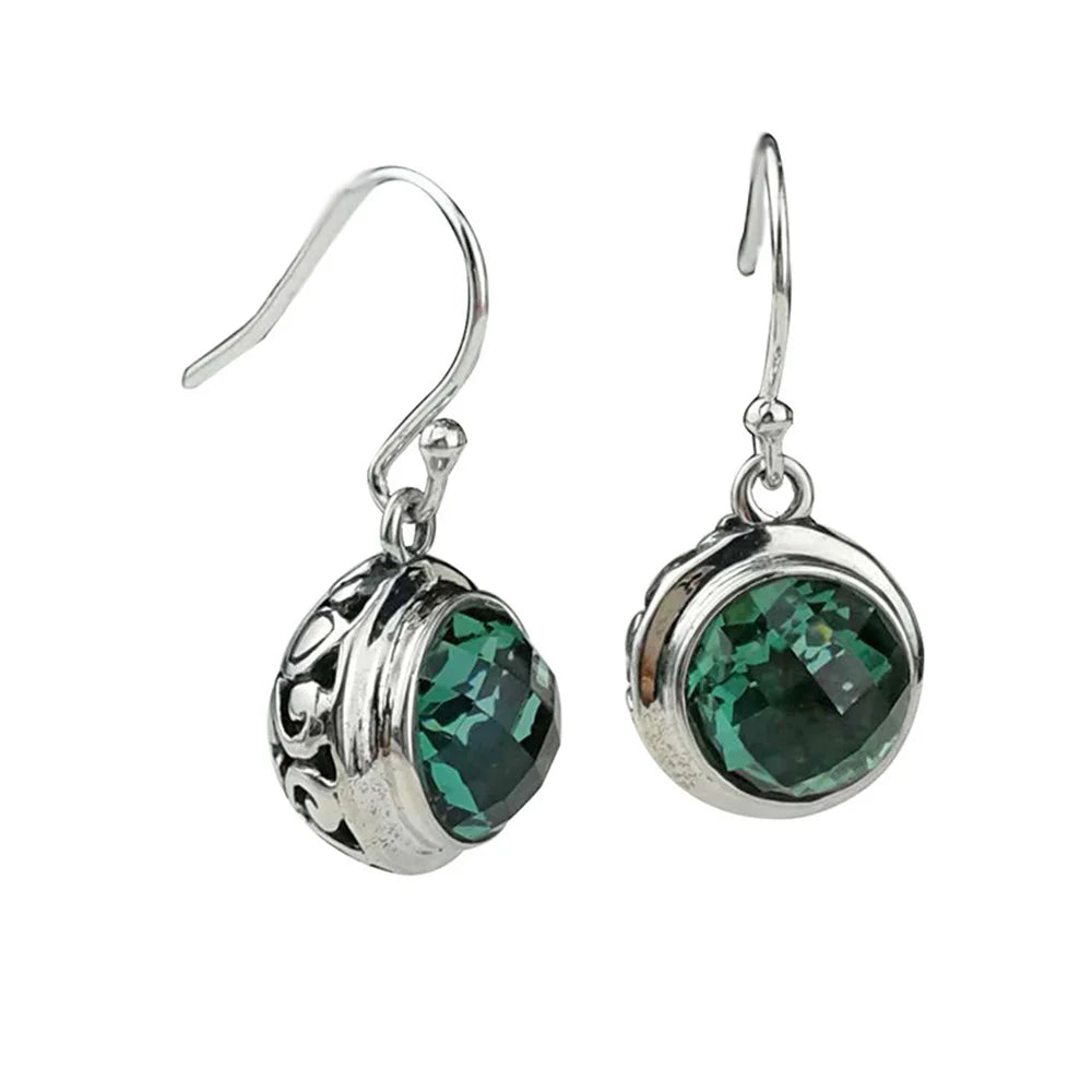 925 Sterling Silver Natural Stone Emerald Round Dangling Earrings for Women Fashion Trendy Jewelry Pendientes Aro
