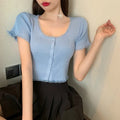Global Hot-selling Summer Knit Top Slim Solid Color Short T-shirt Square Collar Knit Pullover Sweater for Women