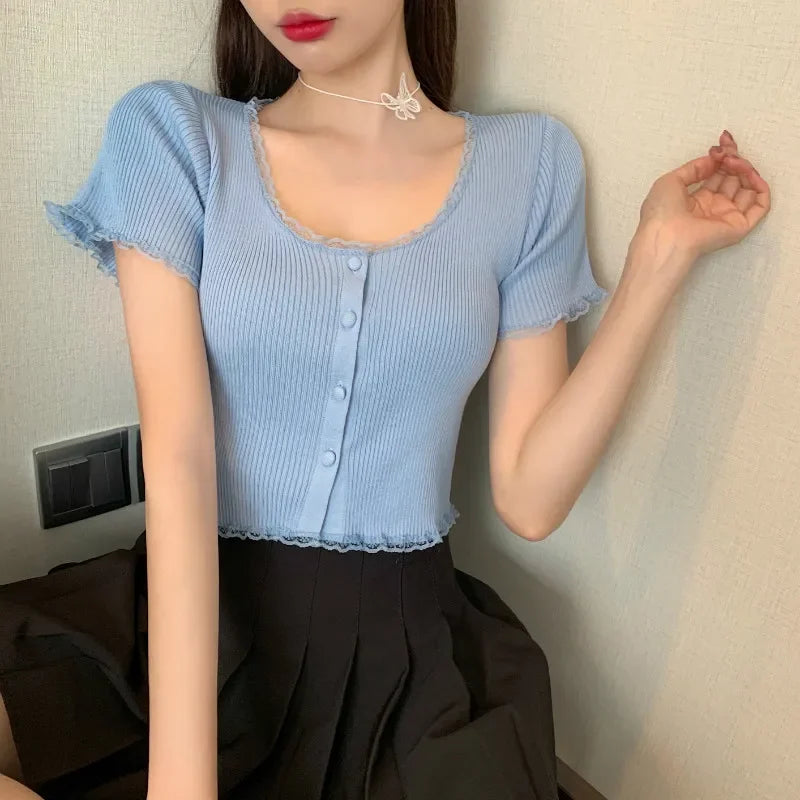 Global Hot-selling Summer Knit Top Slim Solid Color Short T-shirt Square Collar Knit Pullover Sweater for Women