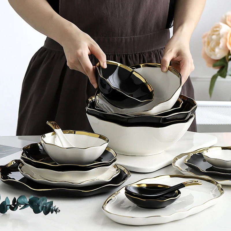High Quality Customized Modern Style Gilded Ceramic Bowl Creative Irregular Shape Ice Cream Soup Noodle Sauce Fruit Bowl Set