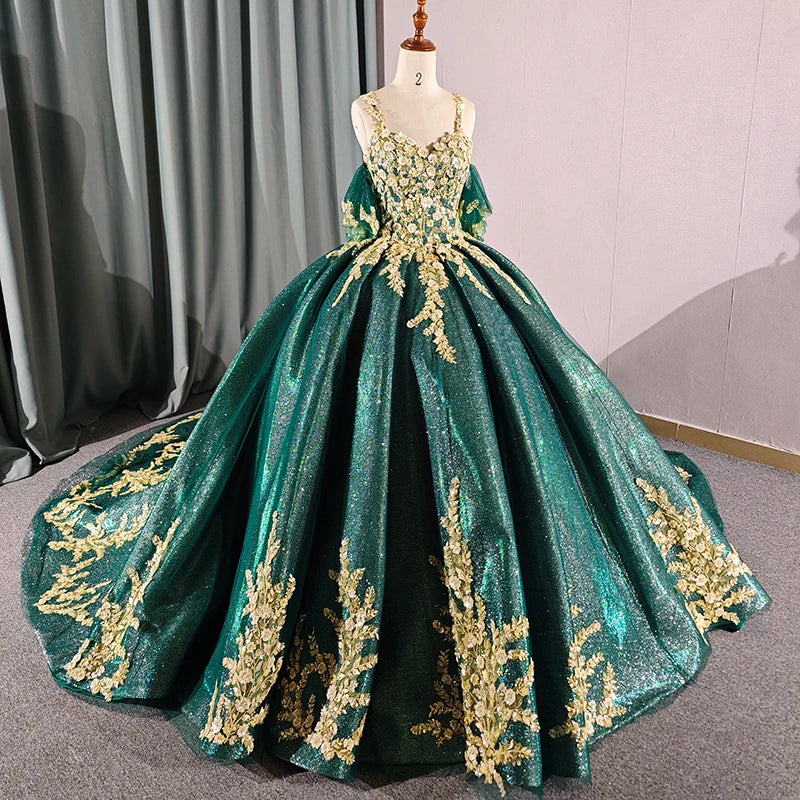 Green Quinceanera Dress 3D Appliques Sequin Sweetheart Handmade Flower Ball Gowns 6641
