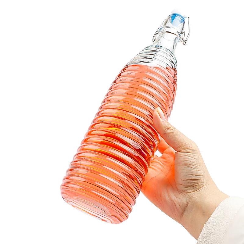 1000ml Vertical Stripe Thread Round Water Juice Glass Bottle With Swing Top Clip Cap