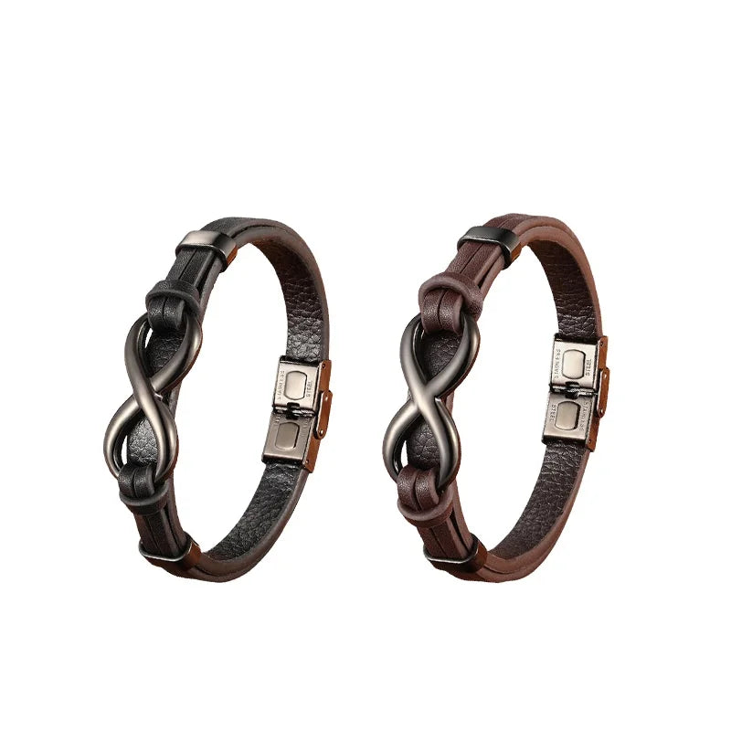 Hot Selling Golden Cross Men's Stainless Steel Real Rope Leather Charm Bracelets Fashion Digital 8 Charms Anniversary Geometric
