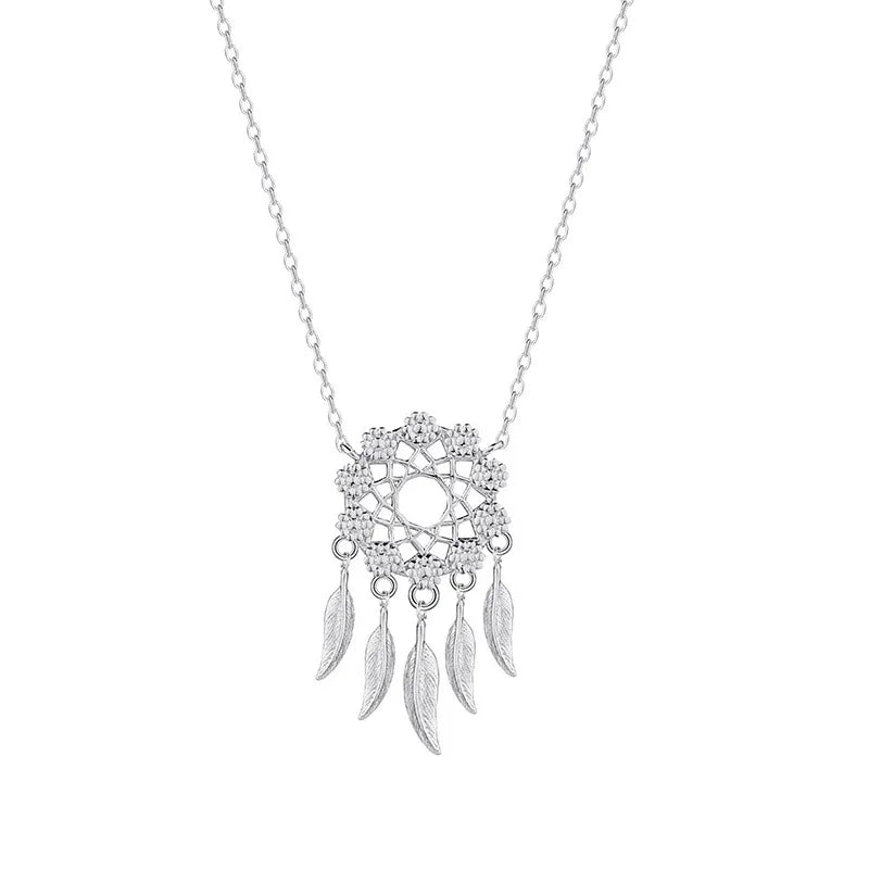 Original Design 925 Sterling Silver Dreamcatcher Pendant Necklace Hollow Feather Charm Necklace for Women Jewelry Gifts