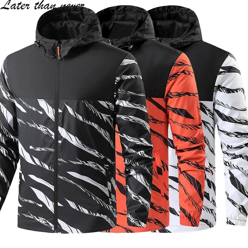 Wholesale Lightweight Men's Full Zipper Hooded Windbreaker Jacket Patchwork Camouflage Design Print Logo Outerwear for Spring