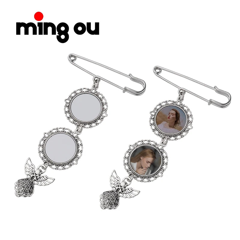 Sublimation Metal Brooch with Angel wings  Memorial Photo Charm