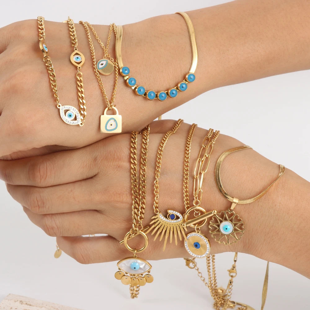 Nabest Stainless Steel Evil Eyes Pendant Necklace Choker Women Jewelry PVD Gold Plated Shell Enamel Tassel Charm Necklaces
