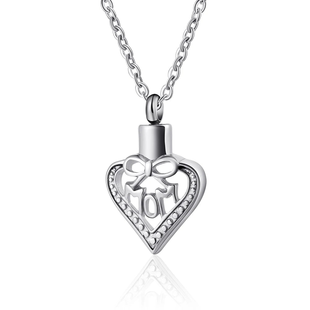 MOM Heart Urn Stainless Steel Cremation Memorial Pendant Hollow Ribbon Jewelry Ash Keepsake Urn Necklace Holder Gift Mom Style