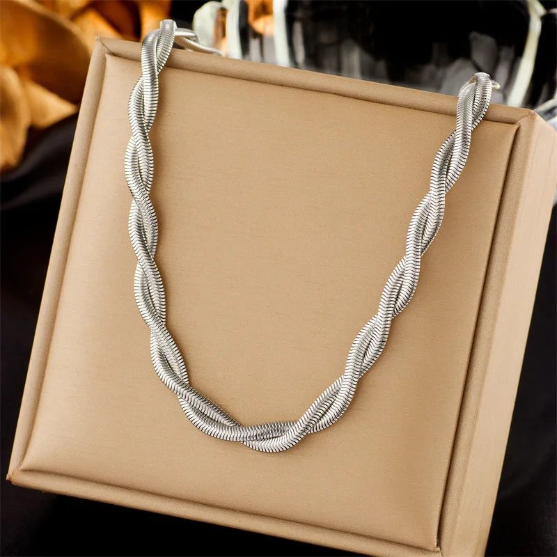 Woven Twist Metal Titanium Steel Clavicle Chain Bracelet Set