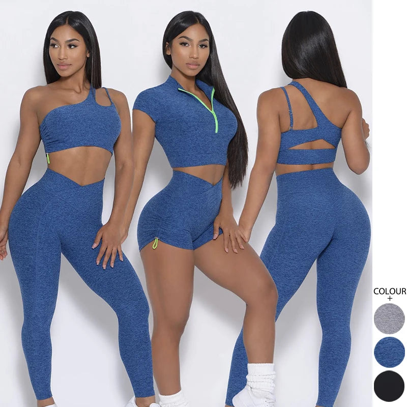 Asymmetrical Shoulder Strap Design Gym Clothing Seamless Yoga Set Scrunch Butt Seamless Yoga Shorts Sets Summer Set 4 Piece