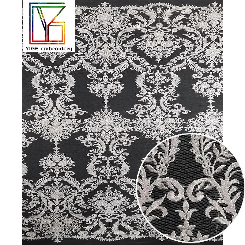 Cheap Hot Sale Customized White Bridal Sequin Lace Embroidery Handmade Heavy Tulle Beaded Lace Fabric