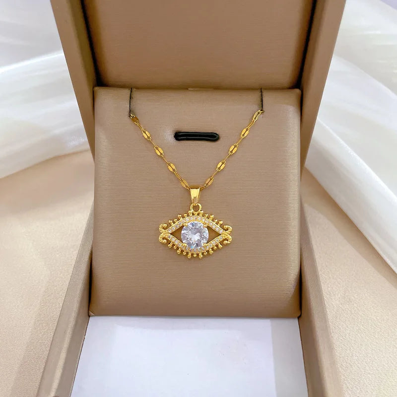 Luxury Stainless Steel Lip Chain Devil Eye Necklace Sparkling Cubic Zirconia CZ Evil Eyes Choker Necklace Women