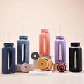 Wide Mouse Glass Water Bottle With Silicone Sleeve and Tritan Straw With Time Marker Water Drinking Bottles