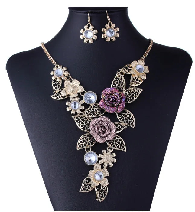 Women's Bohemian Flower Necklace and Earrings Set Fashionable Acrylic Resin Hoop Earrings Alloy Chains Jewelry