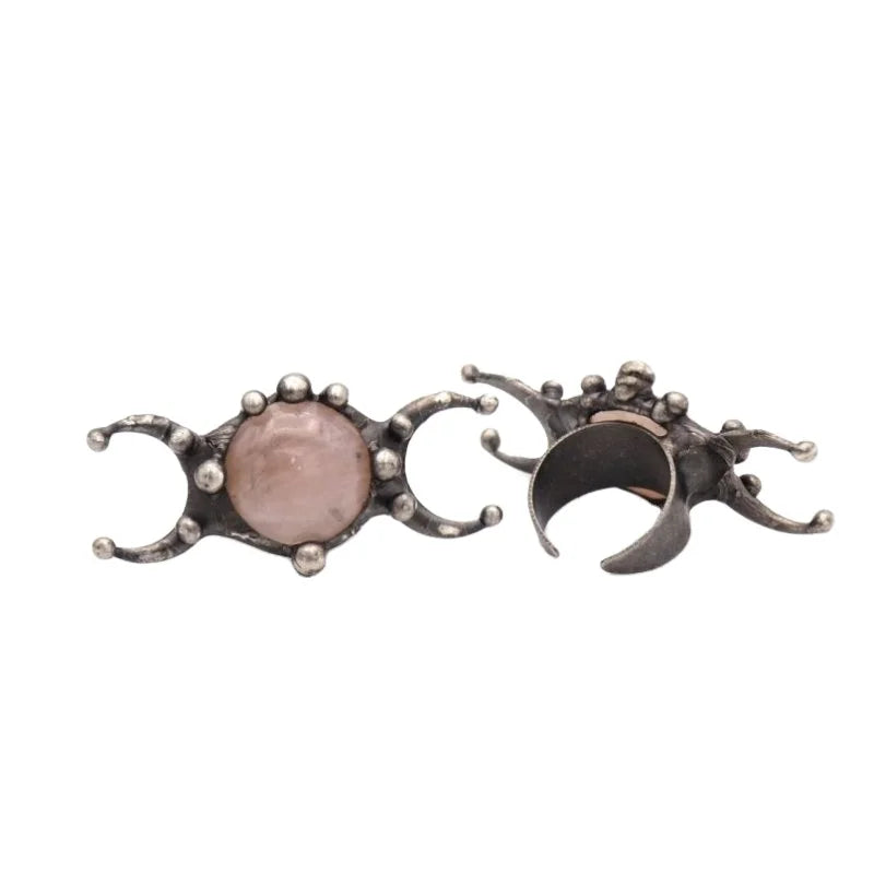RM43820 Rose Quartz Labradorite Triple Crescent Moon Goddess Ring Adjustable Soldered Witch Wicca Finger Rings