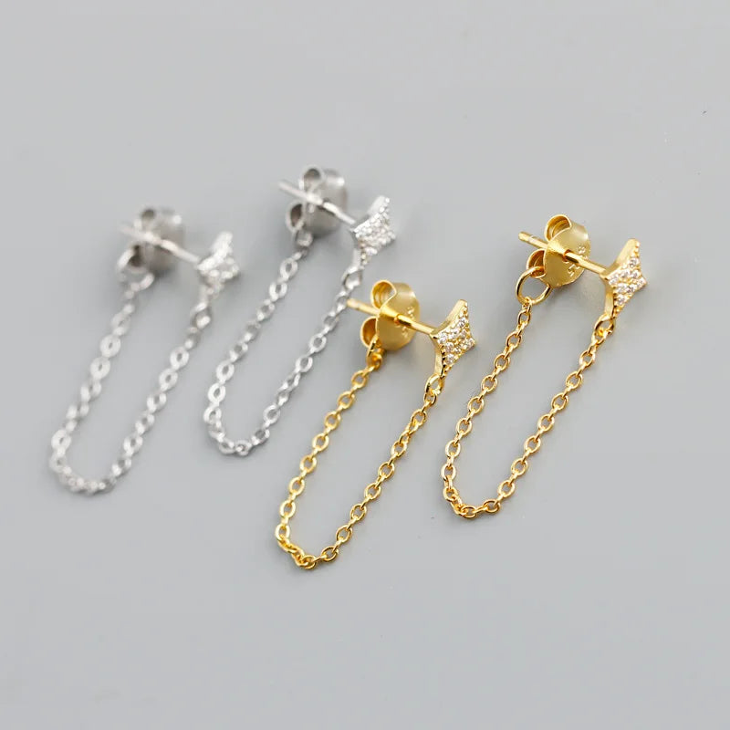 High Quality New Fashion Simple Design Gold Plating Sterling Silver 925 Jewelry Diamond Patten Chain Drop Earrings Women