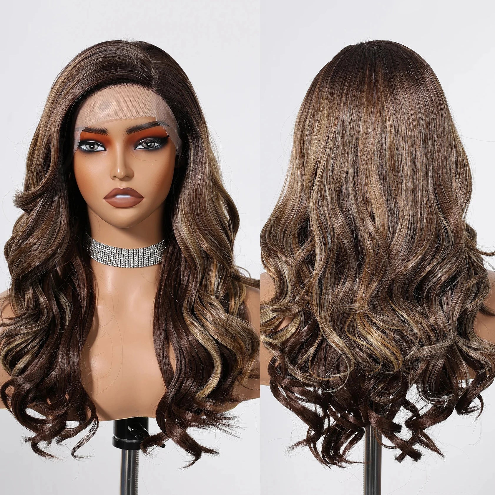 Imported Chemical Fiber Front Lace Brown Curly Synthetic Lace Wigs Natural Mixed Brown Wig  Soft Lace Front Hair Heat Resistant