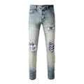 Fashion Blue Distressed Waterproof Woven Stretch Streetwear Embroidery Ripped Denim Jeans for Men