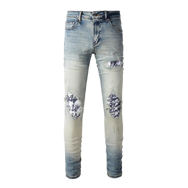 Fashion Blue Distressed Waterproof Woven Stretch Streetwear Embroidery Ripped Denim Jeans for Men