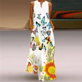 Floral Butterfly Print Maxi Dress Women Summer Sleeveless V-Neck Pocketed Lady Loose Summer Plus-Size Long Dress