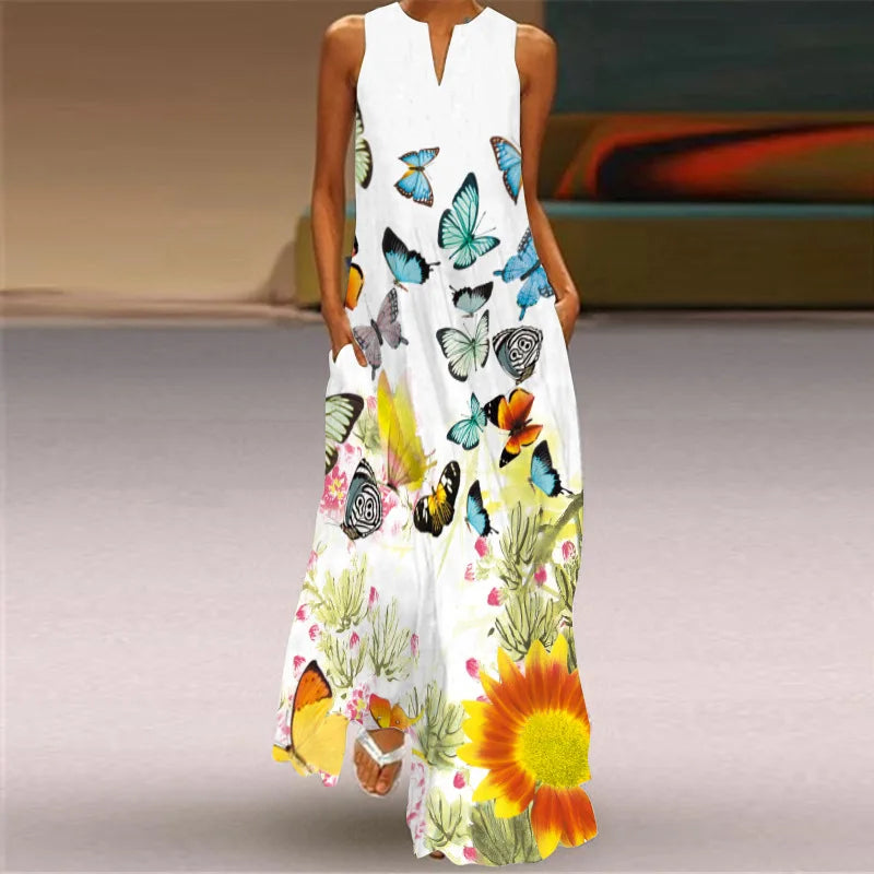 Floral Butterfly Print Maxi Dress Women Summer Sleeveless V-Neck Pocketed Lady Loose Summer Plus-Size Long Dress