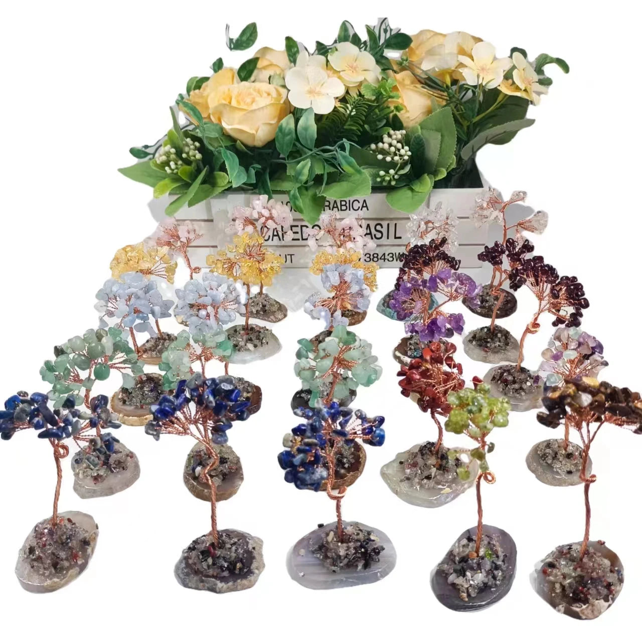 Mini Crystal Tree of Lift Wire Wrapped Tree Rose Quartz Amethyst Chips Money Tree on Agate Slice Base for Gift
