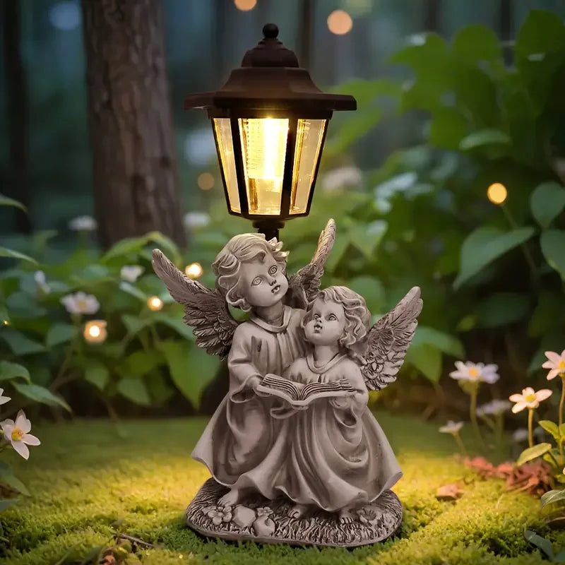 Hot Sale Solar Powered Angel Children Reading Resin Sculpture with Vintage Street Lamp for Outdoor Garden Yard Decor