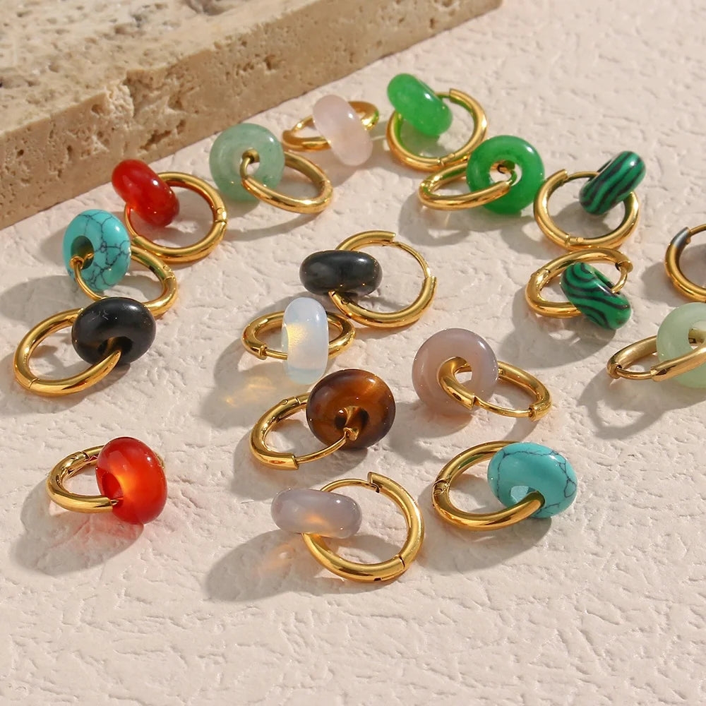 New Summer Collection Waterproof Stainless Steel Hoop PVD Plated Natural Stone Agate Drop Earrings Malachite Earring Jewelry