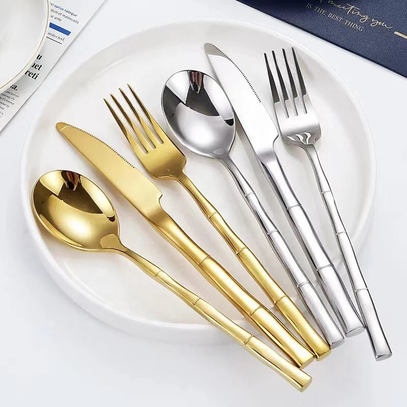 Bamboo Style Fork Knife Spoon 304 Stainless Steel Silver Gold Cutlery Flatware Sets for Wedding Restaurant Hotel