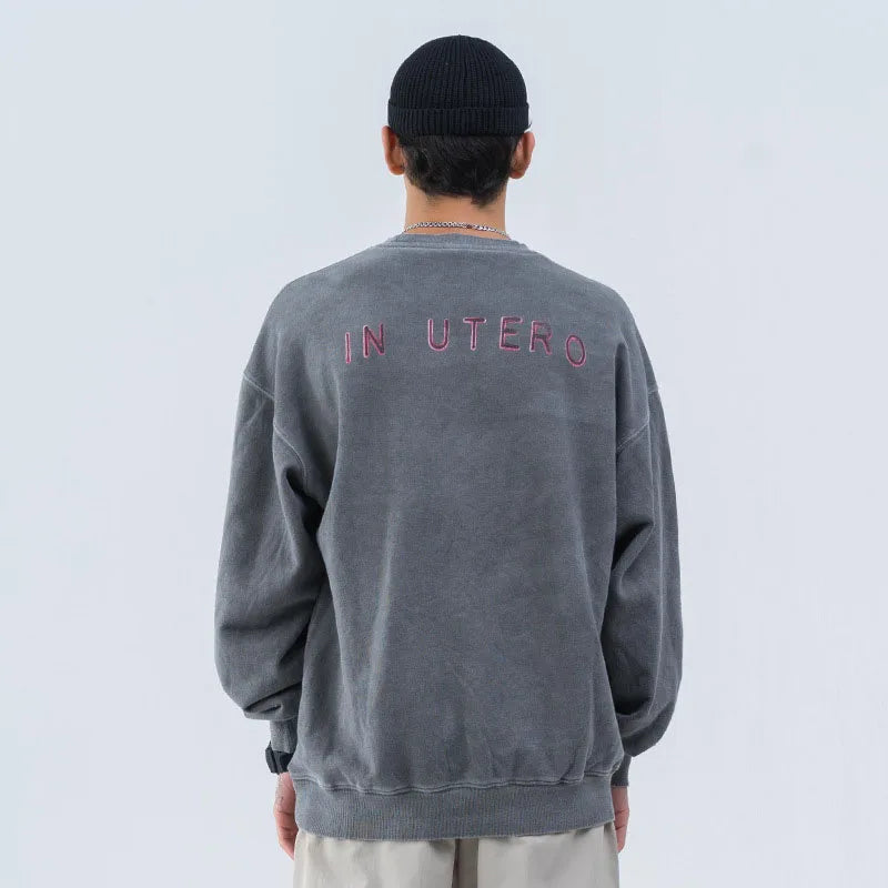 Fashion Custom Print Winter Solid Mens Hip Hop Crewneck Distressed Vintage Washed Regular Fit Fleece Sweatshirt