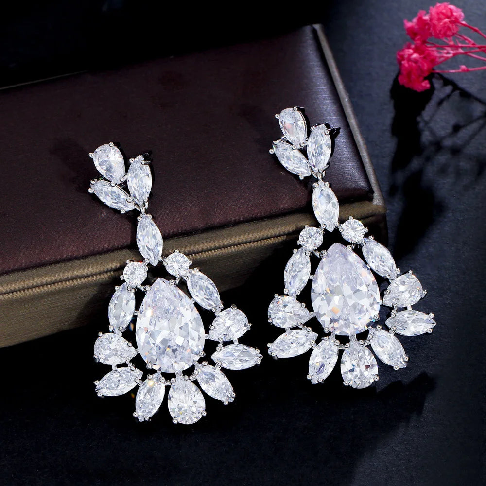 Exaggerated Sparkling CZ Crystal Big Flower Dangle Drop Bridal Zircon Earrings for Women Wedding Brass Party Engagement Jewelry