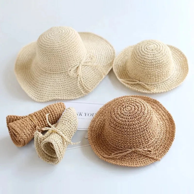 New Wholesale Custom Folding Straw Hats Wide Brim Summer Beach Large Bucket Hat for Mommy and Kids