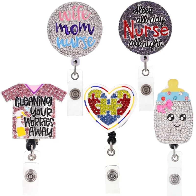 Medical Rhinestone Metal Retractable Badge Holder Autism Awareness Scrub Life Badge Reel for Uniform Decoration
