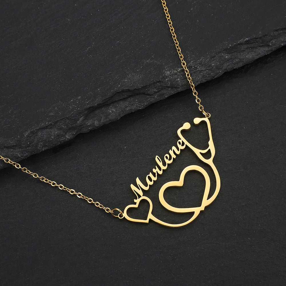 Nabest Stainless Steel Stethoscope Heart Pendant Necklace Women Waterproof Gold Plated Customized Name Necklaces Nurse Jewelry
