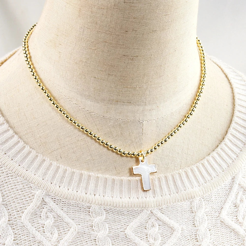 New Women Dainty  Golden Hematite Beads Chain Choker Necklace Irregular Real Freshwater Pearl Shell Charm Cross Necklace