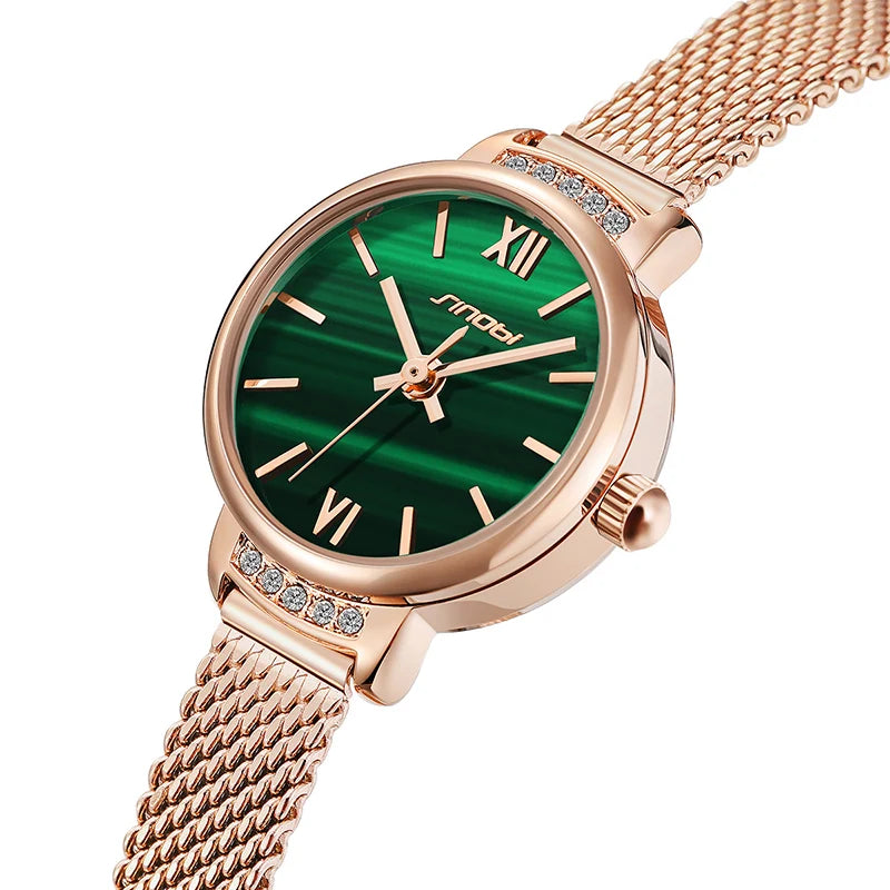 Sinobi Beauty Women's Fashion Quartz Watch Alloy Case Stainless Steel Band Green Dial Luxury Waterproof Rose Gold Mesh Strap