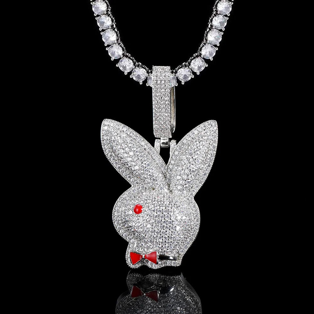 Fashion Gold Plated Brass Rabbit Pendant Necklace Micro Pave Zircon Hip Hop Jewelry Rope Chain for Party Gift