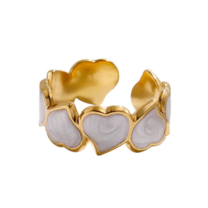 BM Trendy 18K Gold Plated Stainless Steel White Heart Ring Hypoallergenic Waterproof Jewelry