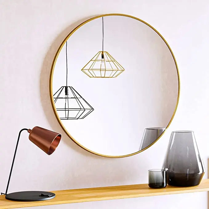 16 Inch Decorative Circle Gold Wall Hanging Mirrors Round Wall Mirror With Brushed Metal Frame for Bathroom