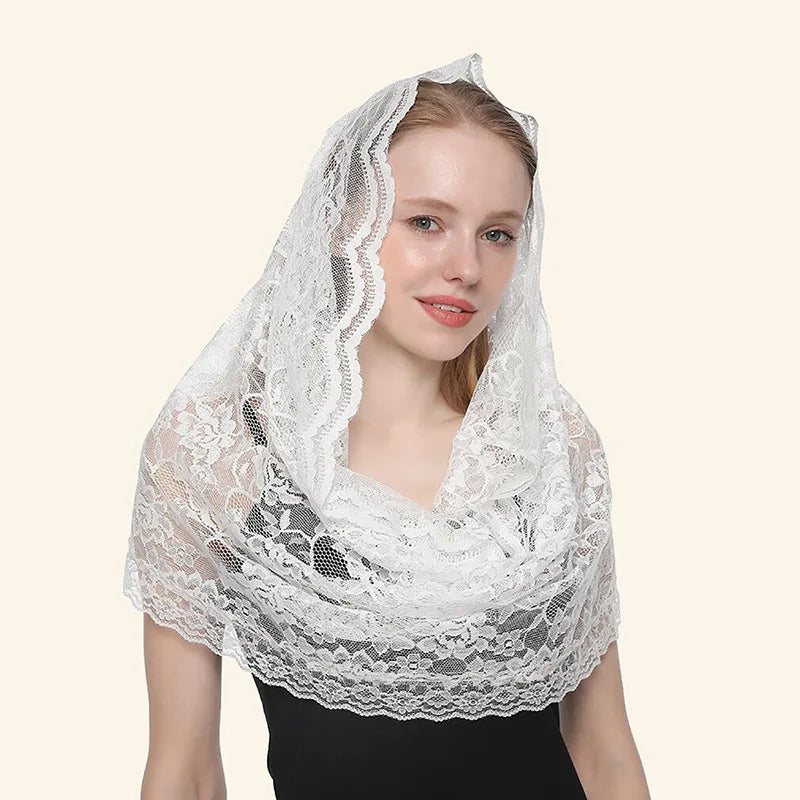 2026 Ivory White Wedding Cape Muslim Ladies Lace Shawl Scarf Bridal Mantillas for Church Wedding Lace Veil Catholic